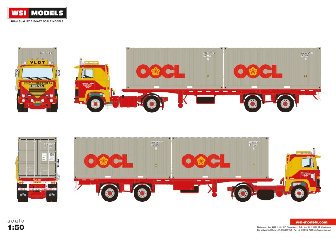 WSI01-3386 - Scania serie1 4x2 classic container trailer 2x20ft Henk Vlot  Transport /1:50 WSImodels