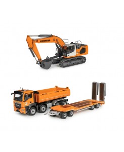 BUNDLE - MAN TGS 4assi ribaltabile con rimorchio 4assi con rampe + Liebherr R938V escavatore cingolato Lise & Fils / 1:50 Conrad